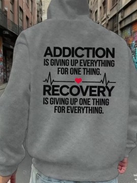 Men'S Hoodie - Back Printed Addiction Recovery Message Hooded Sweatshirt - Dark Grey/Black Graphic Pullover - Long Sleeve Winter Hoodie for Everyday & Formal Wear - Ideal Addiction Support Gift for Men, Casual Streetwear, Comfortable Fit, Durable Fabric, Streetwear Fashion, Trendy Design, Soft Material, Hooded Sweater, Men'S Fashion