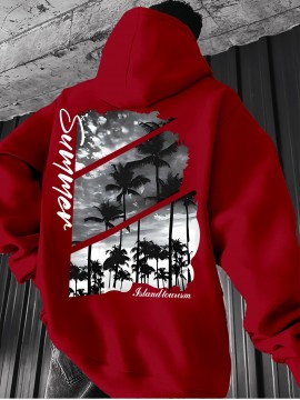 Men's Red Hoodie with Back Print Palm Tree & Cloud Sky Design, Diagonal Red Stripe Sunset Text - Warm Long Sleeve Pullover, Casual Sweatshirt for Fall/Winter, Regular Fit for islandleisurecom to style