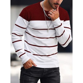 Men's Casual Striped Knit Pullover Sweater - Navy & White Contrast, Regular Fit H-Silhouette, Long Sleeve Crew Neck, Medium Stretch, Machine Washable for Spring & Fall, Medium-Stretch Fabric, Knit Sweater, Seasonal Clothing, Ribbed Detailing, Durable Construction, Versatile Top, Streetwear Style