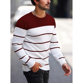 Men's Casual Striped Knit Pullover Sweater - Navy & White Contrast, Regular Fit H-Silhouette, Long Sleeve Crew Neck, Medium Stretch, Machine Washable for Spring & Fall, Medium-Stretch Fabric, Knit Sweater, Seasonal Clothing, Ribbed Detailing, Durable Construction, Versatile Top, Streetwear Style