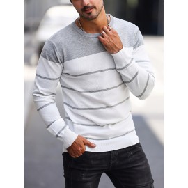 Men's Casual Striped Knit Pullover Sweater - Navy & White Contrast, Regular Fit H-Silhouette, Long Sleeve Crew Neck, Medium Stretch, Machine Washable for Spring & Fall, Medium-Stretch Fabric, Knit Sweater, Seasonal Clothing, Ribbed Detailing, Durable Construction, Versatile Top, Streetwear Style