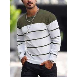 Men's Casual Striped Knit Pullover Sweater - Navy & White Contrast, Regular Fit H-Silhouette, Long Sleeve Crew Neck, Medium Stretch, Machine Washable for Spring & Fall, Medium-Stretch Fabric, Knit Sweater, Seasonal Clothing, Ribbed Detailing, Durable Construction, Versatile Top, Streetwear Style