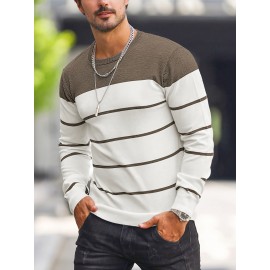 Men's Casual Striped Knit Pullover Sweater - Navy & White Contrast, Regular Fit H-Silhouette, Long Sleeve Crew Neck, Medium Stretch, Machine Washable for Spring & Fall, Medium-Stretch Fabric, Knit Sweater, Seasonal Clothing, Ribbed Detailing, Durable Construction, Versatile Top, Streetwear Style