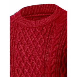 Men's Thickened Warm Slim-Fit Red Cable-Knit Sweater - Soft Light Beige-Friendly Long Sleeve Round Neck Winter Sweater for Business Casual & Casual Attire, Durable Cozy Knit Pullover with Twisted Grid Pattern, Versatile Layering Piece (Hand Washable) - Ideal for Office & Semi-Formal Events, Autumn & Winter Fashion in Vibrant Red with Ribbed Cuffs and Hem, Comfortable and Stylish for Casual Formal Outfits