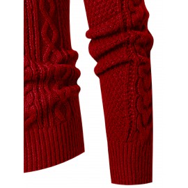 Men's Thickened Warm Slim-Fit Red Cable-Knit Sweater - Soft Light Beige-Friendly Long Sleeve Round Neck Winter Sweater for Business Casual & Casual Attire, Durable Cozy Knit Pullover with Twisted Grid Pattern, Versatile Layering Piece (Hand Washable) - Ideal for Office & Semi-Formal Events, Autumn & Winter Fashion in Vibrant Red with Ribbed Cuffs and Hem, Comfortable and Stylish for Casual Formal Outfits