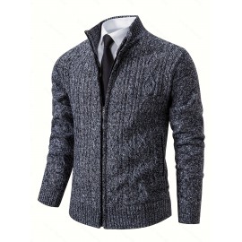 Men's Business Cable-Knit Sweater Jacket with Stand-Up Collar - Machine Washable Gray Winter Office Sweater Coat, Long Sleeve Casual to Meeting Wear, Gym Compatible for Professional & Everyday Use - Solid Color Mature Style