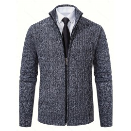 Men's Business Cable-Knit Sweater Jacket with Stand-Up Collar - Machine Washable Gray Winter Office Sweater Coat, Long Sleeve Casual to Meeting Wear, Gym Compatible for Professional & Everyday Use - Solid Color Mature Style