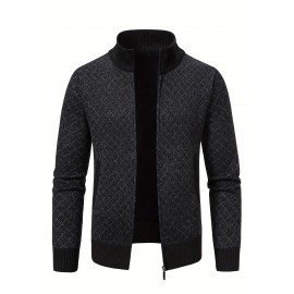 Men's Slim-Fit Thick Winter Knit Jacket with Stand Collar & Plaid Pattern - Warm Coat for Cold Weather, Casual Outerwear for Office or Everyday Use, Layering Piece under Suit Coats (Novelty Category)