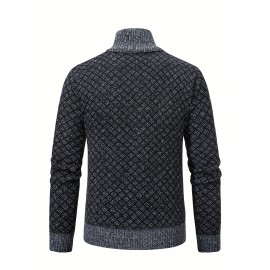 Men's Slim-Fit Thick Winter Knit Jacket with Stand Collar & Plaid Pattern - Warm Coat for Cold Weather, Casual Outerwear for Office or Everyday Use, Layering Piece under Suit Coats (Novelty Category)