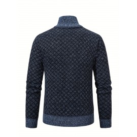 Men's Slim-Fit Thick Winter Knit Jacket with Stand Collar & Plaid Pattern - Warm Coat for Cold Weather, Casual Outerwear for Office or Everyday Use, Layering Piece under Suit Coats (Novelty Category)