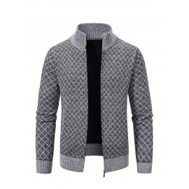 Men's Slim-Fit Thick Winter Knit Jacket with Stand Collar & Plaid Pattern - Warm Coat for Cold Weather, Casual Outerwear for Office or Everyday Use, Layering Piece under Suit Coats (Novelty Category)