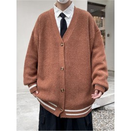 Men's & Unisex V-Neck Button-Up Cardigan Sweater - Casual Elegant Loose Fit Long Sleeve Knit Jacket, Solid Color Button Front Closure, Year-Round Machine Washable Outerwear