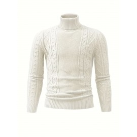 Men's Mustard Yellow High Neck Cable-Knit Sweater - Soft Stretchy Mid-Weight Pullover, Regular Fit Casual & Formal Wear, Hand Wash Only, Classic Comfort for Everyday, Pullover Style, Ribbed Cuffs