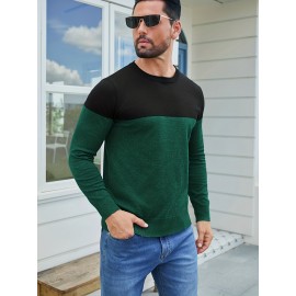 Men'S Casual Long Sleeve Crew Neck Sweater - & Grey Color Block Design, Soft Stretchy Fabric, Regular Fit, Spring/Fall Essential for Casual Attire, Knit, Spring Fall Clothing, Classic Knitwear, Comfortable Knitwear