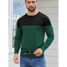 Men'S Casual Long Sleeve Crew Neck Sweater - & Grey Color Block Design, Soft Stretchy Fabric, Regular Fit, Spring/Fall Essential for Casual Attire, Knit, Spring Fall Clothing, Classic Knitwear, Comfortable Knitwear