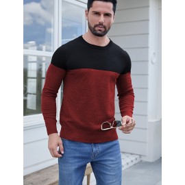 Men'S Casual Long Sleeve Crew Neck Sweater - & Grey Color Block Design, Soft Stretchy Fabric, Regular Fit, Spring/Fall Essential for Casual Attire, Knit, Spring Fall Clothing, Classic Knitwear, Comfortable Knitwear