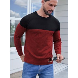 Men'S Casual Long Sleeve Crew Neck Sweater - & Grey Color Block Design, Soft Stretchy Fabric, Regular Fit, Spring/Fall Essential for Casual Attire, Knit, Spring Fall Clothing, Classic Knitwear, Comfortable Knitwear