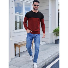 Men'S Casual Long Sleeve Crew Neck Sweater - & Grey Color Block Design, Soft Stretchy Fabric, Regular Fit, Spring/Fall Essential for Casual Attire, Knit, Spring Fall Clothing, Classic Knitwear, Comfortable Knitwear
