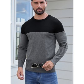 Men'S Casual Long Sleeve Crew Neck Sweater - & Grey Color Block Design, Soft Stretchy Fabric, Regular Fit, Spring/Fall Essential for Casual Attire, Knit, Spring Fall Clothing, Classic Knitwear, Comfortable Knitwear