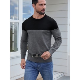 Men'S Casual Long Sleeve Crew Neck Sweater - & Grey Color Block Design, Soft Stretchy Fabric, Regular Fit, Spring/Fall Essential for Casual Attire, Knit, Spring Fall Clothing, Classic Knitwear, Comfortable Knitwear