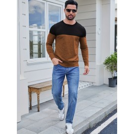 Men'S Casual Long Sleeve Crew Neck Sweater - & Grey Color Block Design, Soft Stretchy Fabric, Regular Fit, Spring/Fall Essential for Casual Attire, Knit, Spring Fall Clothing, Classic Knitwear, Comfortable Knitwear