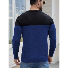 Men'S Casual Long Sleeve Crew Neck Sweater - & Grey Color Block Design, Soft Stretchy Fabric, Regular Fit, Spring/Fall Essential for Casual Attire, Knit, Spring Fall Clothing, Classic Knitwear, Comfortable Knitwear