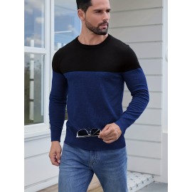 Men'S Casual Long Sleeve Crew Neck Sweater - & Grey Color Block Design, Soft Stretchy Fabric, Regular Fit, Spring/Fall Essential for Casual Attire, Knit, Spring Fall Clothing, Classic Knitwear, Comfortable Knitwear
