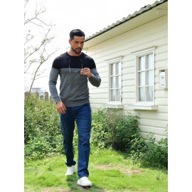 Men'S Casual Long Sleeve Crew Neck Sweater - & Grey Color Block Design, Soft Stretchy Fabric, Regular Fit, Spring/Fall Essential for Casual Attire, Knit, Spring Fall Clothing, Classic Knitwear, Comfortable Knitwear