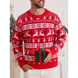 Men's Christmas Knit Sweater - Loose Fit Round Neck Pullover, Traditional Holiday Party Attire, Winter Wedding & Xmas Party Outfit, Cozy Autumn/Winter Sweaters for men, Christmas Gift (Hand Washable)