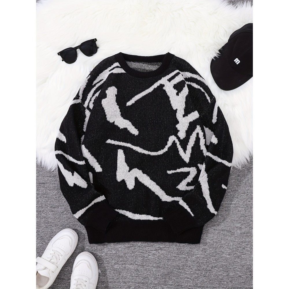 Men's Soft Beige & Brown Geometric Pattern Sweater - Casual Round Neck Long Sleeve Knit Pullover, Warm Winter & Spring/Fall Layering, Comfortable Beige & Brown Color Block Sweater for Men, Versatile Everyday & Formal Outfits, Hand Washable Knit Sweater with Modern Geometric Design, Relaxed Fit for Autumn and Spring Wear, Stylish and Cozy Knitted Top, Knit Sweater Men, Knitted Sweater Men