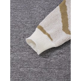 Men's Soft Beige & Brown Geometric Pattern Sweater - Casual Round Neck Long Sleeve Knit Pullover, Warm Winter & Spring/Fall Layering, Comfortable Beige & Brown Color Block Sweater for Men, Versatile Everyday & Formal Outfits, Hand Washable Knit Sweater with Modern Geometric Design, Relaxed Fit for Autumn and Spring Wear, Stylish and Cozy Knitted Top, Knit Sweater Men, Knitted Sweater Men