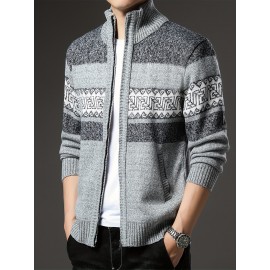 Men'S Winter Warm Jacquard Cardigan Sweater - Full-Zip Stand Collar Long Sleeve Coat with Full-Zip Front Closure, / Contrast, Casual to Formal Outerwear, Regular Fit for Fall & Winter, Versatile Everyday & Formal Wear, Durable Knit Construction
