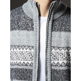 Men'S Winter Warm Jacquard Cardigan Sweater - Full-Zip Stand Collar Long Sleeve Coat with Full-Zip Front Closure, / Contrast, Casual to Formal Outerwear, Regular Fit for Fall & Winter, Versatile Everyday & Formal Wear, Durable Knit Construction