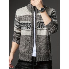 Men'S Winter Warm Jacquard Cardigan Sweater - Full-Zip Stand Collar Long Sleeve Coat with Full-Zip Front Closure, / Contrast, Casual to Formal Outerwear, Regular Fit for Fall & Winter, Versatile Everyday & Formal Wear, Durable Knit Construction