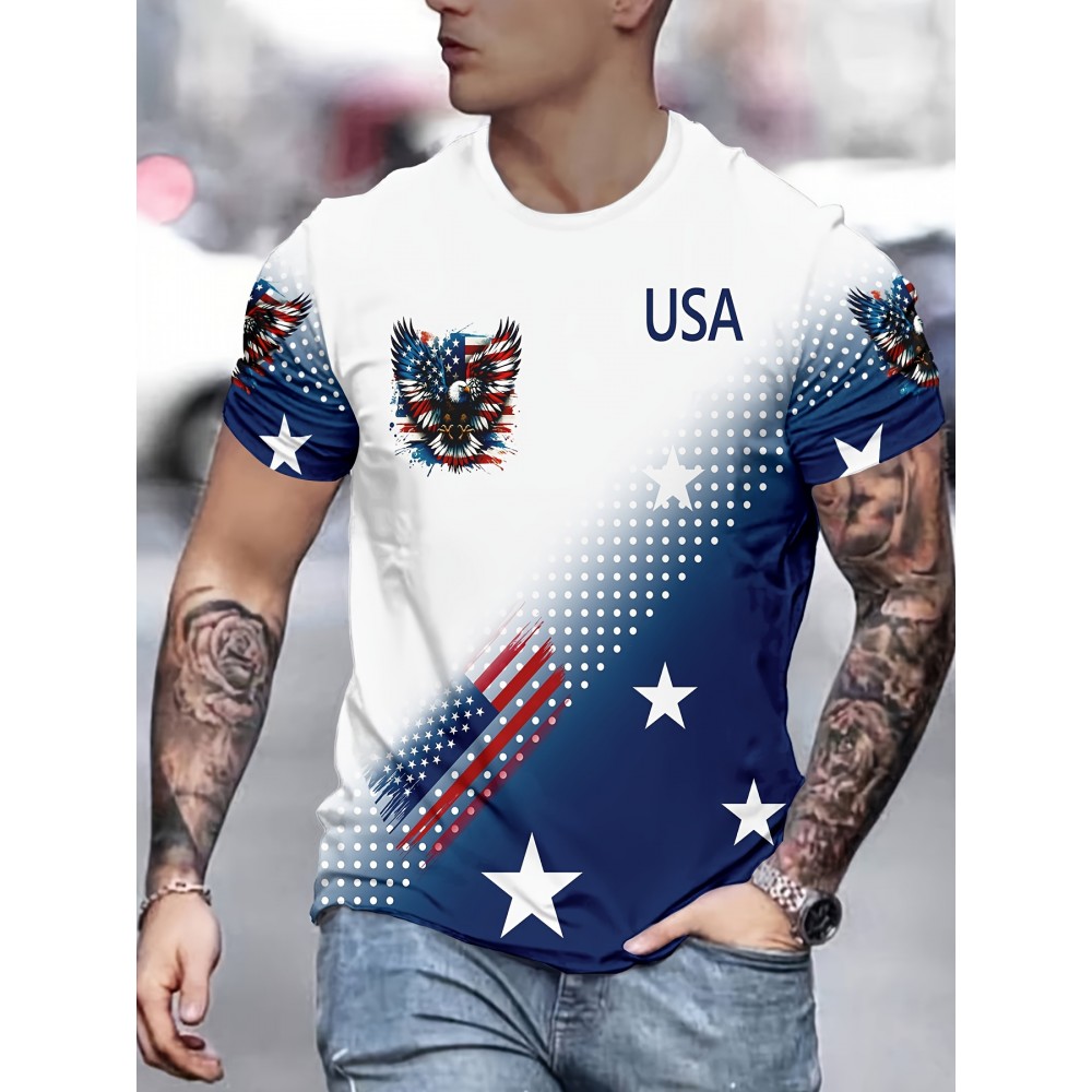 USA Flag 3D Print Casual Men's T-Shirt - 100% Polyester Knit Fabric, Regular Fit, Slight Stretch, 110g/m²