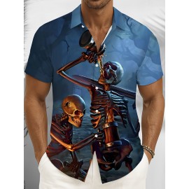 Men'S Halloween Gothic Shirt - Spooky Skeleton, Drinking Beer Party Costume - Button-Up Front - Lightweight Summer Formality - Perfect for Halloween Parties, Themed Events & Casual Attire - Funny Halloween Outfit for Men