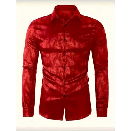 Men'S Red Brocade Shirt - Long Sleeve Slim Fit Business Wedding Party Formal & Casual Shirt with Classic Collar, Non-Stretch Fabric for Office, Events