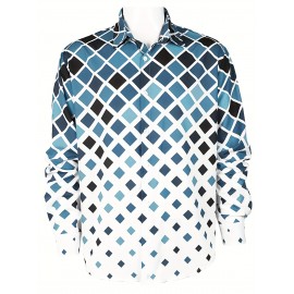 Men's Boho Chic Long Sleeve Shirt - Green & White Geometric Pattern, Machine Washable, Polyester Button-Up with Lapel Collar for Spring/Fall