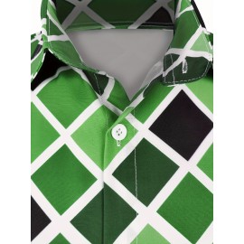 Men's Boho Chic Long Sleeve Shirt - Green & White Geometric Pattern, Machine Washable, Polyester Button-Up with Lapel Collar for Spring/Fall