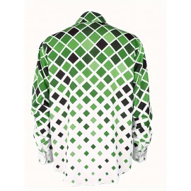 Men's Boho Chic Long Sleeve Shirt - Green & White Geometric Pattern, Machine Washable, Polyester Button-Up with Lapel Collar for Spring/Fall