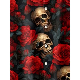 Men'S Plus Size Gothic Rock Music Shirt - Hawaiian Button-Up Blouse with Skull & Rose Print, Black & Red Vintage Style Formal & Halloween Party Outfit - Lightweight Summer Shirt for Concerts, Themed Events - Adult Men'S Clothing, Style Clothe For Men, Men Short Sleeve Shirt, Hawaiian Shirt For Men, Summer Shirt For Men, Hawaiian Shirt Men, Men Hawaiian Shirt, Men Dress Shirt, Men Shirt, Men Clothe
