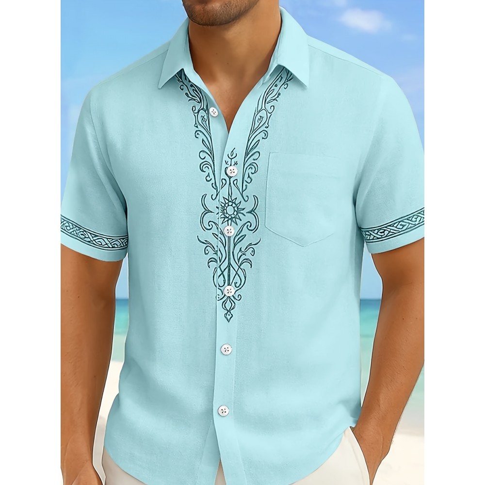 Men'S Floral Print Ethnic Floral Shirt - Light Blue Short Sleeve Button-Up with Intricate White & Green Floral Design, Vintage-Inspired Summer Casual Wear, Non-Stretch Fabric, Perfect for Beach or Vacation, Beach Attire, Vacation Style, Elegant Lapel Collar, Nonstretch Fabric, Men Shirt Short Sleeve, Shirt For Men, Men Shirt, Men Clothe, Shirt For Men Stylish
