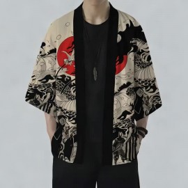 Men's Vintage Dragon Print Kimono Cardigan - Loose Fit, Sun Protection, Polyester, Casual Summer Style, Machine Washable
