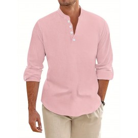 Men's Pink Henley Shirt with Stand Collar - Versatile Long Sleeve Half-Button Tee for Casual & Formal Wear, Smooth Polyester Fabric, Machine Washable, Spring/Fall Essential, Spring Attire | Classic Henley Shirt | Solid Color Shirt