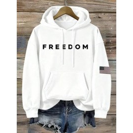 Men's Oversized Hooded Sweatshirt with FREEDOM Print & Flag Patch - Heavy-Duty Winter Warmth, Loose Fit Streetwear Pullover, Kangaroo Pocket, Drawstring Hood, Machine Washable Casual Sweater (Locally Shipped)