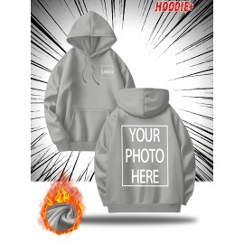 [Personalized Hoodie] Personalized Men's Hoodie - Customizable Photo/Text Front & Back, Navy Blue with White Lettering, All-Season Comfort Fit, Casual Sporty Design for Halloween Christmas Gifts, Durable Casualwear