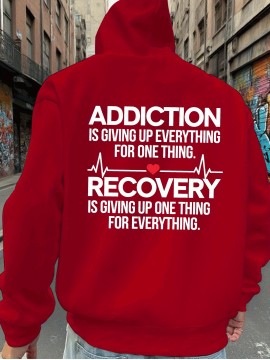Men'S Hoodie - Back Printed Addiction Recovery Message Hooded Sweatshirt - Dark Grey/Black Graphic Pullover - Long Sleeve Winter Hoodie for Everyday & Formal Wear - Ideal Addiction Support Gift for Men, Casual Streetwear, Comfortable Fit, Durable Fabric, Streetwear Fashion, Trendy Design, Soft Material, Hooded Sweater, Men'S Fashion