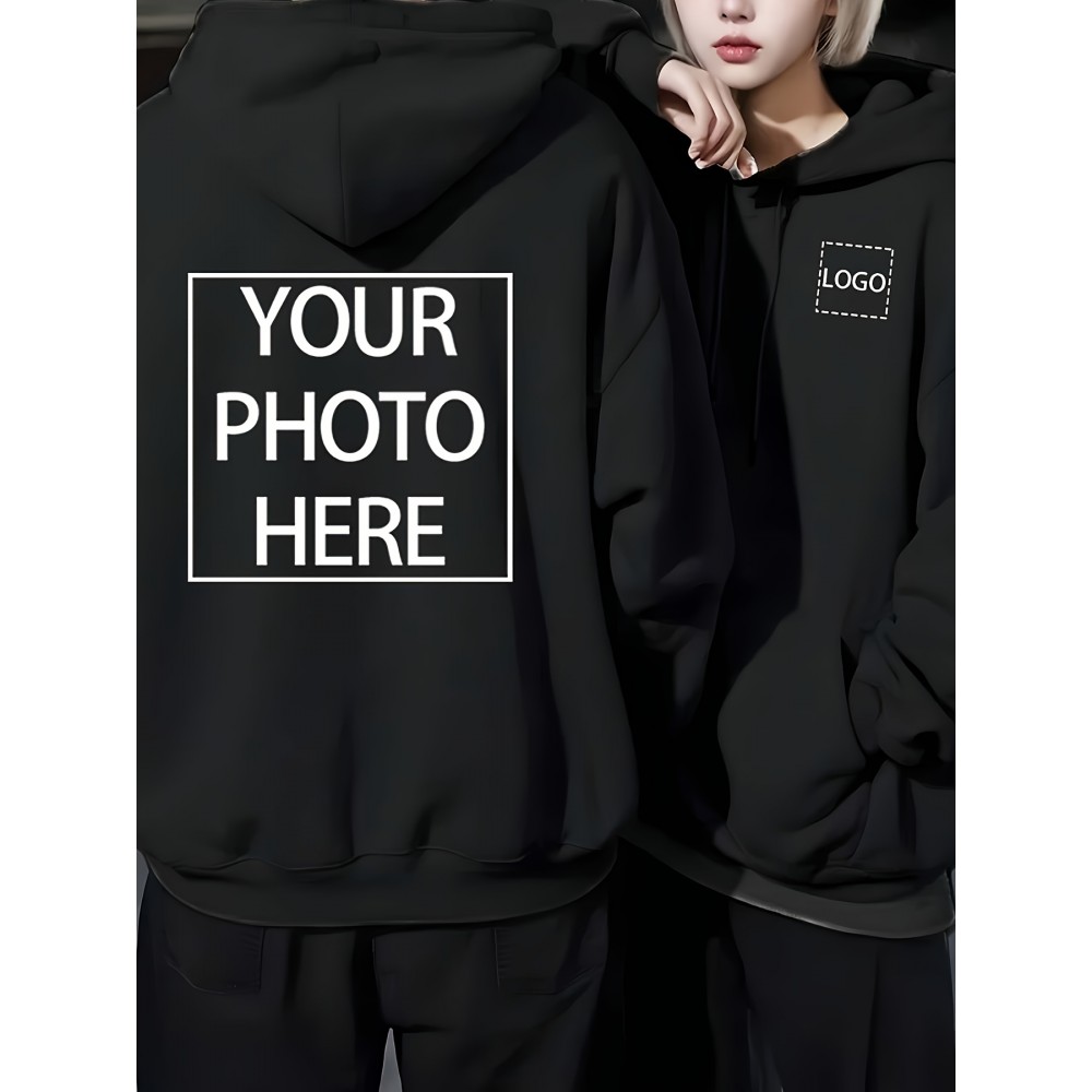 Men's Custom Photo/Text Hooded Sweatshirt - Personalized Logo & Photo Printing, Casual Loose Fit Pullover with Your Own Design, Machine Washable for Casual Attire, Events, Team Uniforms & Promotional Branding