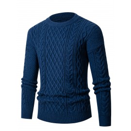 Men's Thickened Warm Slim-Fit Red Cable-Knit Sweater - Soft Light Beige-Friendly Long Sleeve Round Neck Winter Sweater for Business Casual & Casual Attire, Durable Cozy Knit Pullover with Twisted Grid Pattern, Versatile Layering Piece (Hand Washable) - Ideal for Office & Semi-Formal Events, Autumn & Winter Fashion in Vibrant Red with Ribbed Cuffs and Hem, Comfortable and Stylish for Casual Formal Outfits
