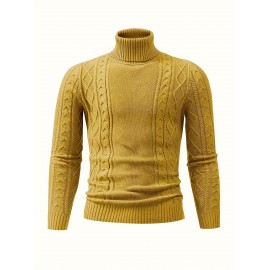 Men's Mustard Yellow High Neck Cable-Knit Sweater - Soft Stretchy Mid-Weight Pullover, Regular Fit Casual & Formal Wear, Hand Wash Only, Classic Comfort for Everyday, Pullover Style, Ribbed Cuffs